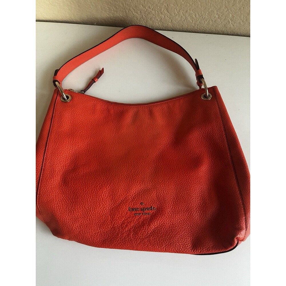 Kate Spade Pebbled Orange Leather Shoulder Hobo Tote Bag Coral Buds Boho Purse